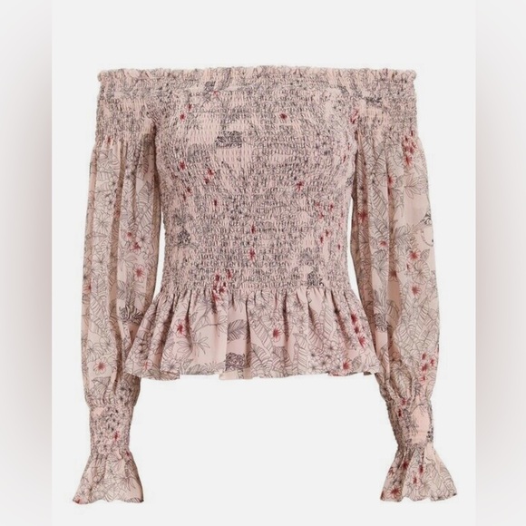 ALEXIS INTERMIX JORDANA PINK GREY FLORAL SMOCKED OFF SHOULDER TOP size medium - Picture 1 of 6